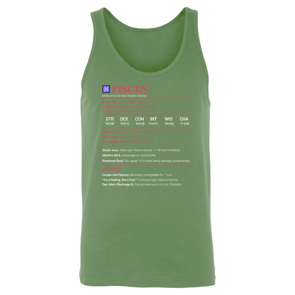 Pisces Stats Unisex Jersey Tank - Leaf - 10