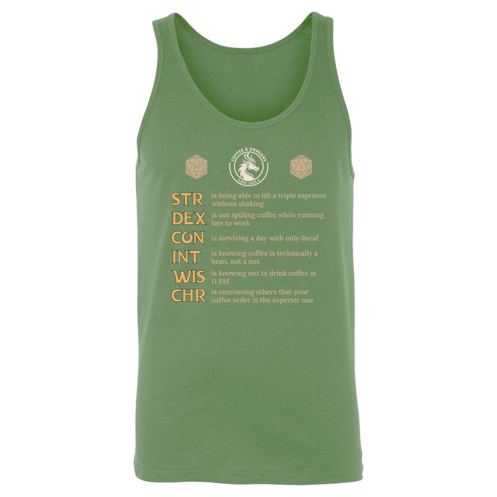 Coffee & Dragons RPG Stats Unisex Jersey Tank - Leaf - 10