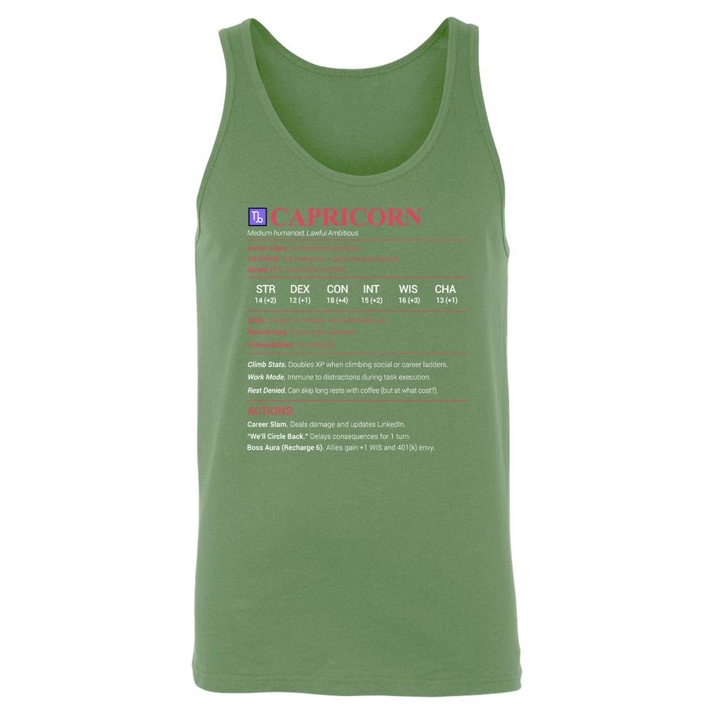 Capricorn Stats Unisex Jersey Tank - Leaf - 10
