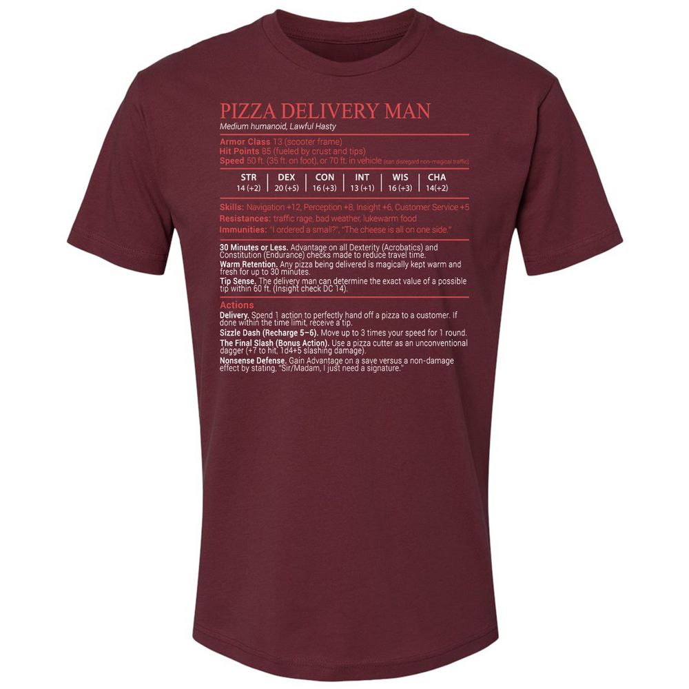 Pizza Delivery Man Stats Block Premium Unisex T-Shirt - Maroon - 10