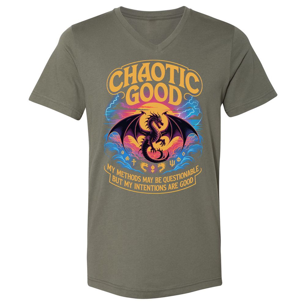 Chaotic Good Unisex V-Neck T-Shirt - Military Green - 10