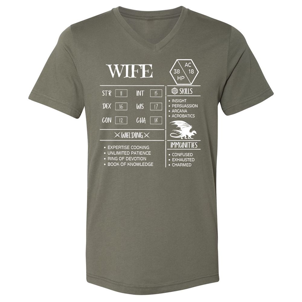 Wife Stats 2 Unisex V-Neck T-Shirt - Military Green - 10