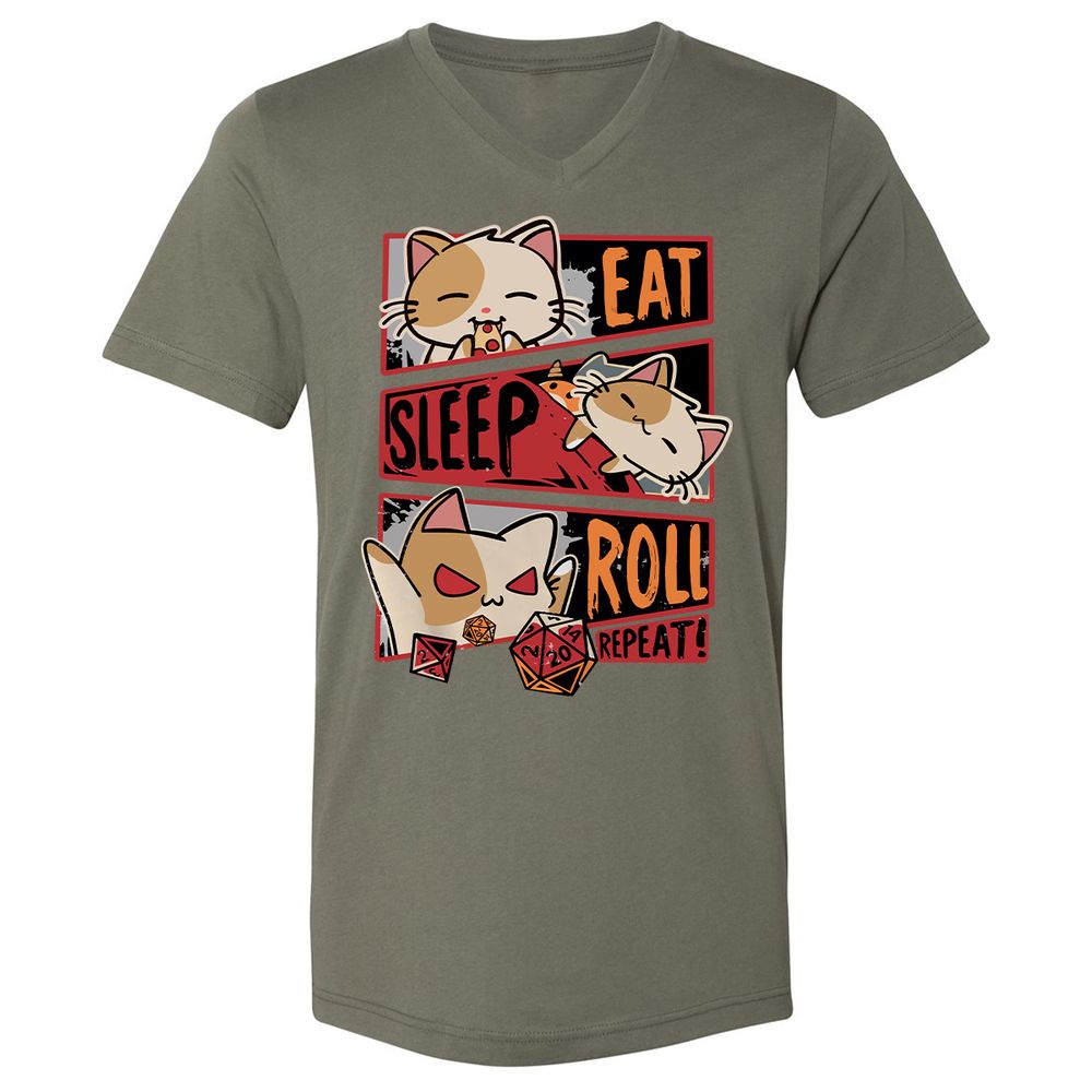 Eat Sleep Roll Repeat Unisex V-Neck T-Shirt - Military Green - 10