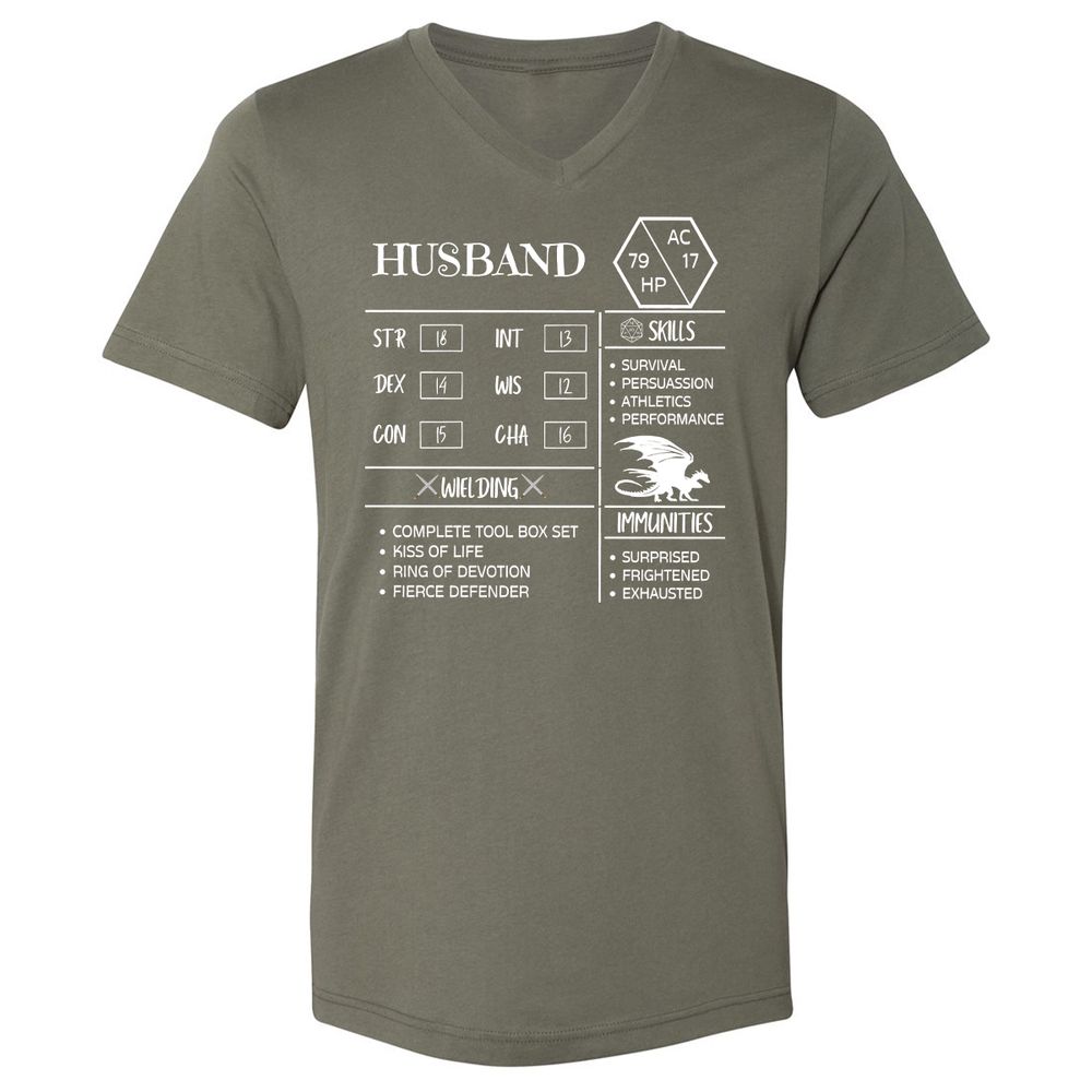 Husband Stats 2 Unisex V-Neck T-Shirt - Military Green - 10