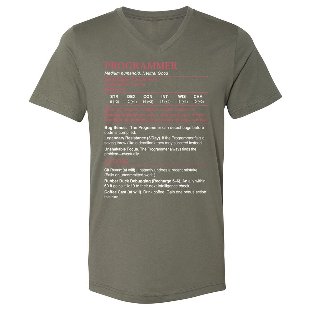 Programmer Stats Unisex V-Neck T-Shirt - Military Green - 10