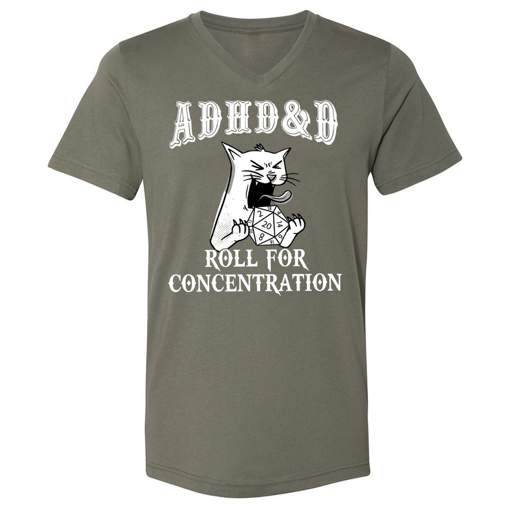 Cat ADHD&D Roll For Concentration Unisex V-Neck T-Shirt - Military Green - 10