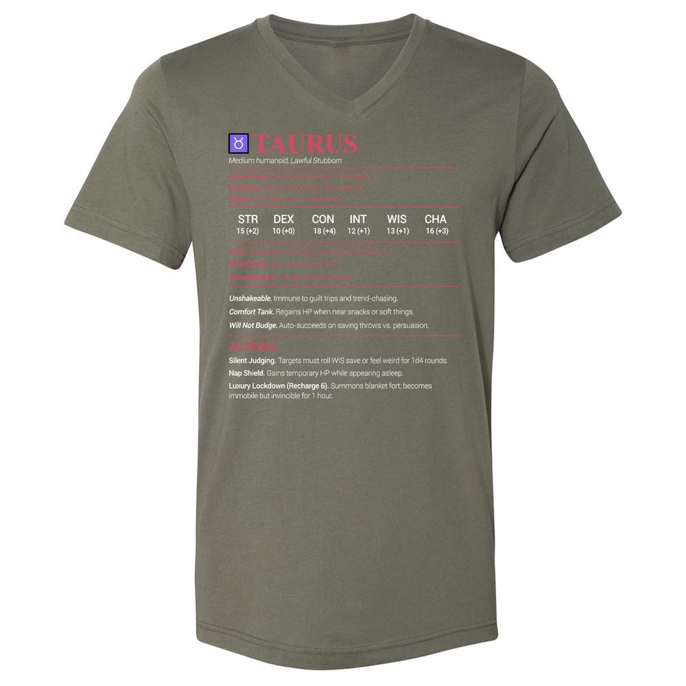 Taurus Stats Unisex V-Neck T-Shirt - Military Green - 10