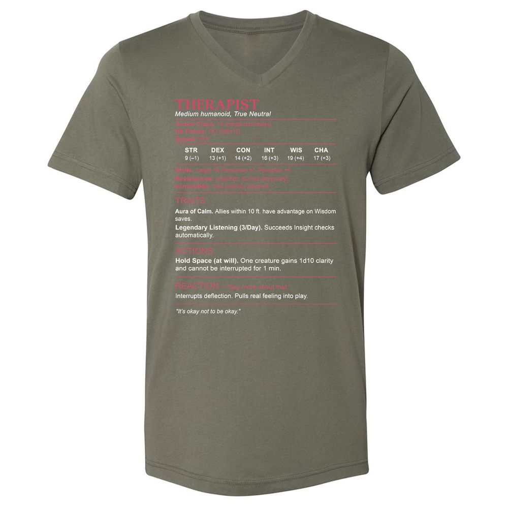 Therapist Stats Unisex V-Neck T-Shirt - Military Green - 10