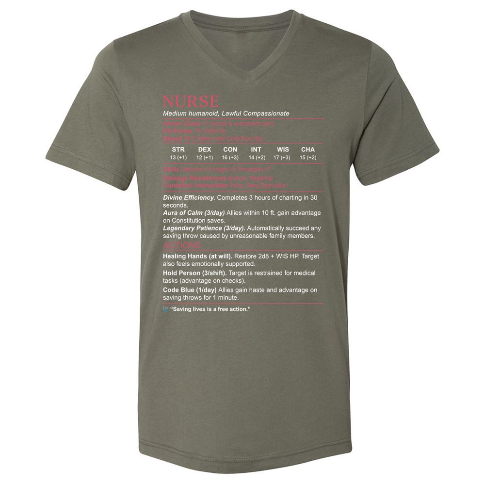 Nurse Stats 3 Unisex V-Neck T-Shirt - Military Green - 10