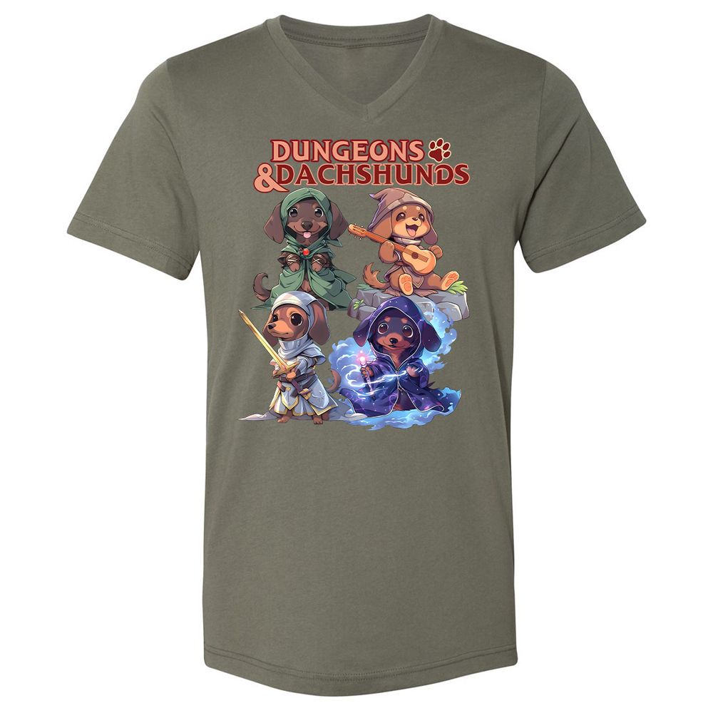 Dungeons & Dachshunds Unisex V-Neck T-Shirt - Military Green - 10