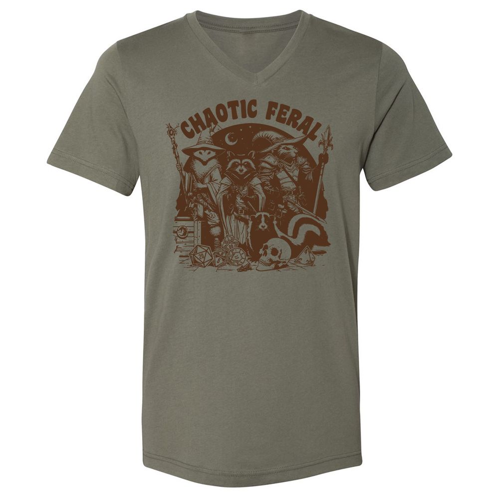 Raccoon Chaotic Feral Unisex V-Neck T-Shirt - Military Green - 10