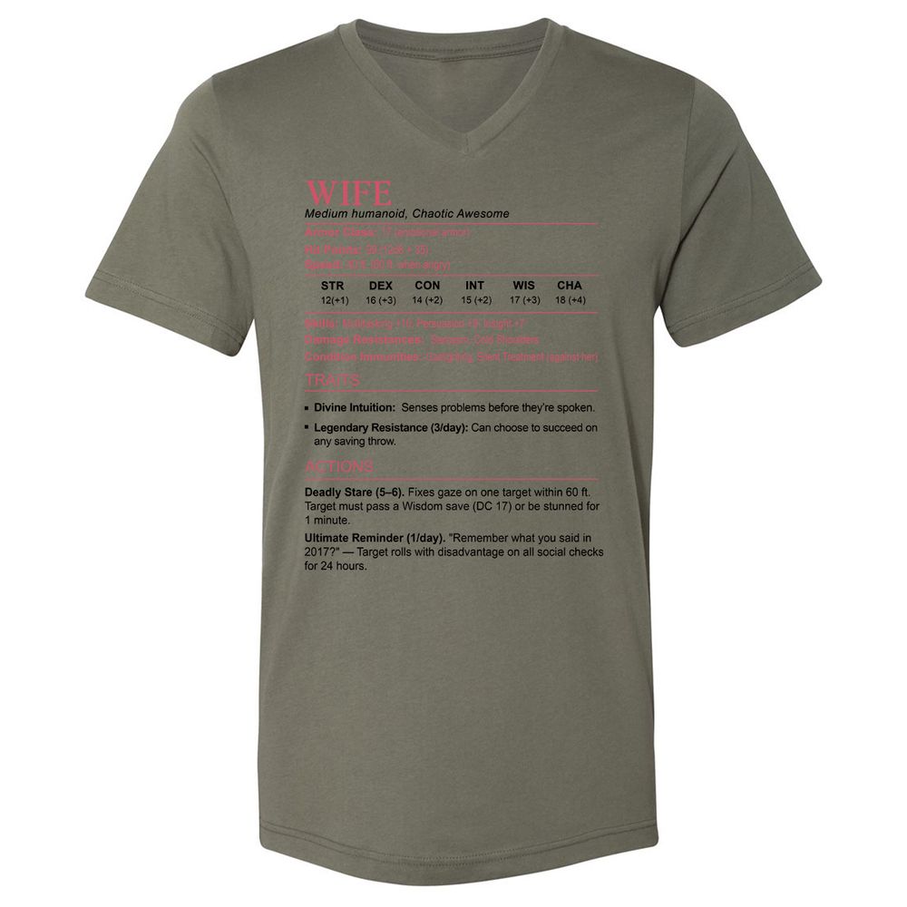Wife Stats 2 Unisex V-Neck T-Shirt - Military Green - 10