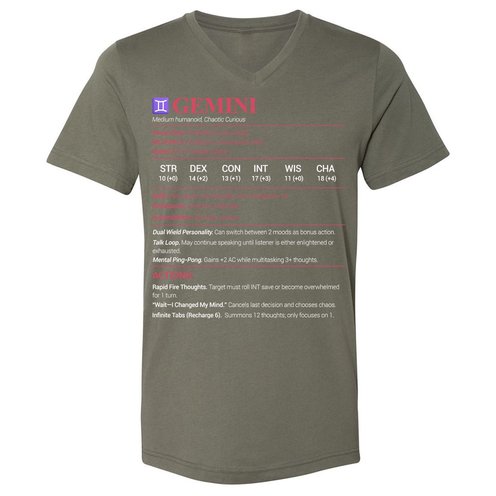 Gemini Stats Unisex V-Neck T-Shirt - Military Green - 10