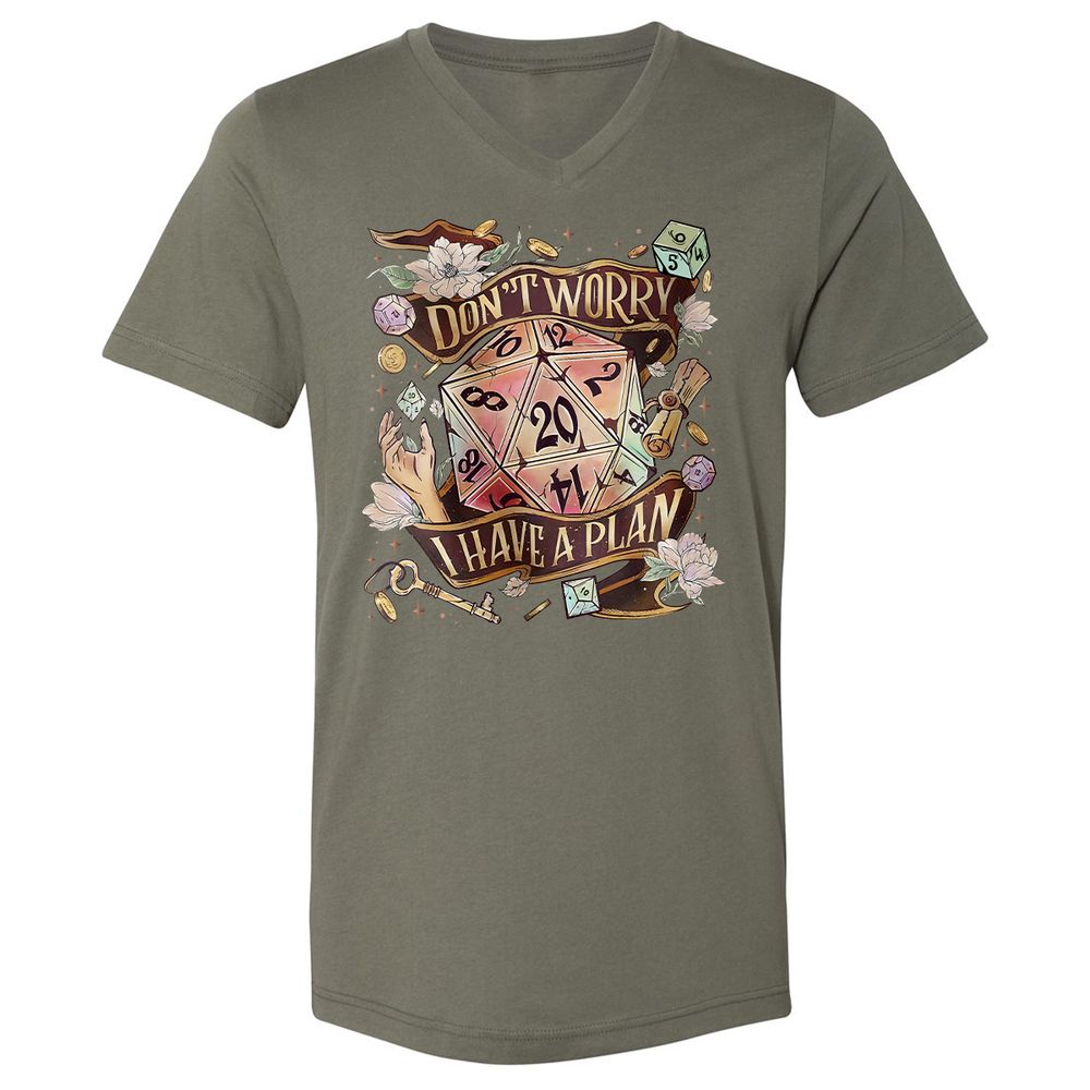 Floral Don't Worry I Have A Plan Unisex V-Neck T-Shirt - Military Green - 10