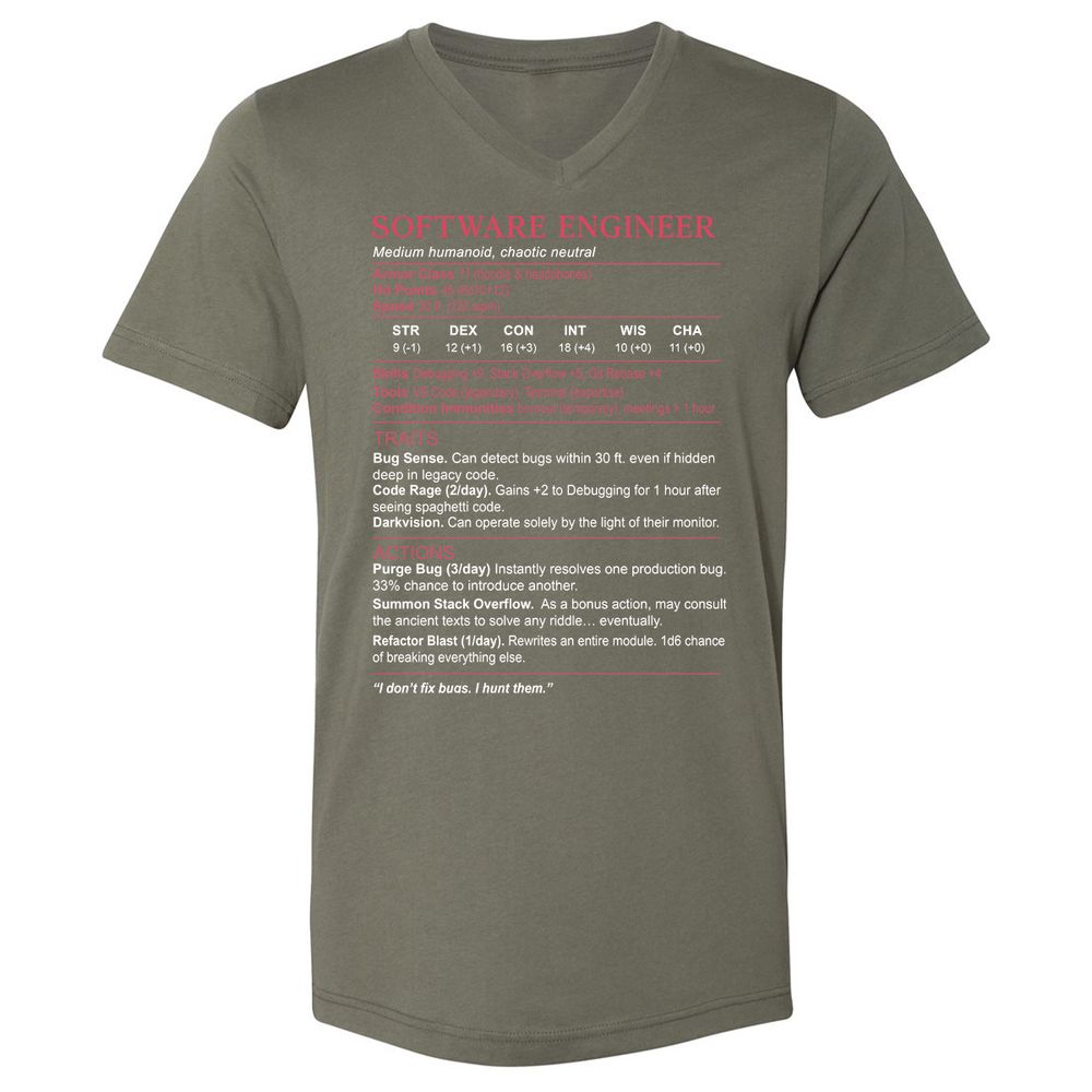 Software Engineer Stats Unisex V-Neck T-Shirt - Military Green - 10