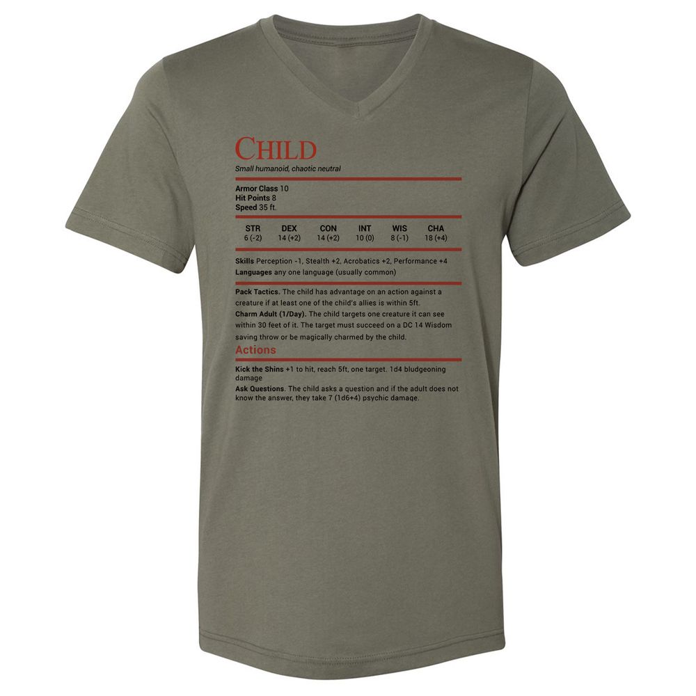 Child Stats Unisex V-Neck T-Shirt - Military Green - 10