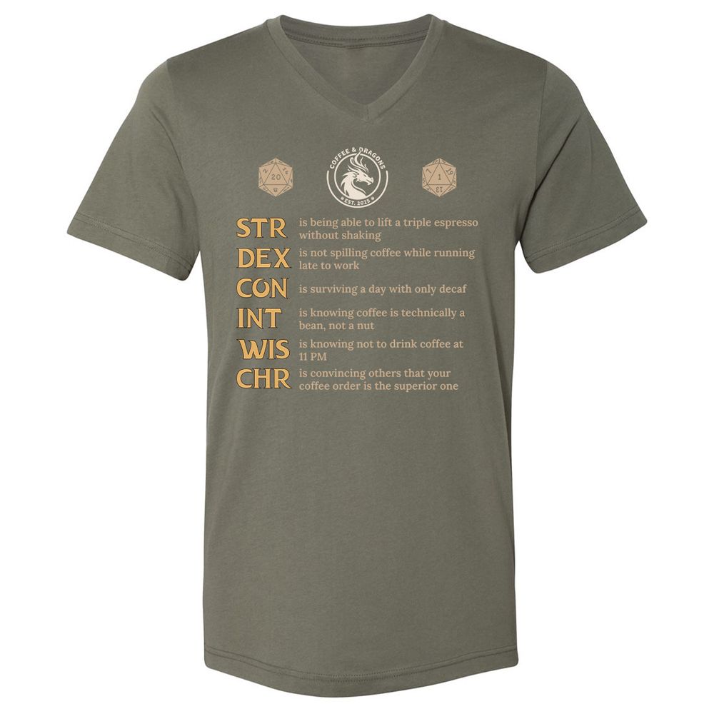 Coffee & Dragons RPG Stats Unisex V-Neck T-Shirt - Military Green - 10