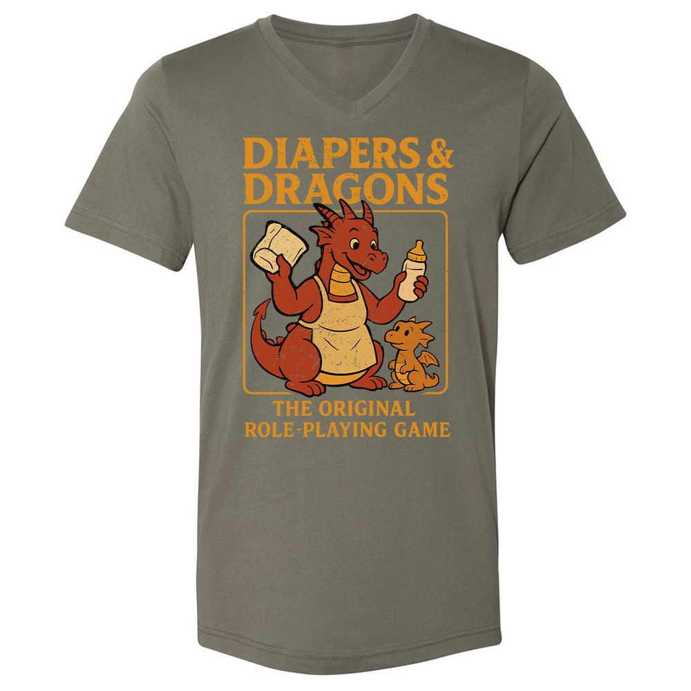 Diapers & Dragons Unisex V-Neck T-Shirt - Military Green - 10