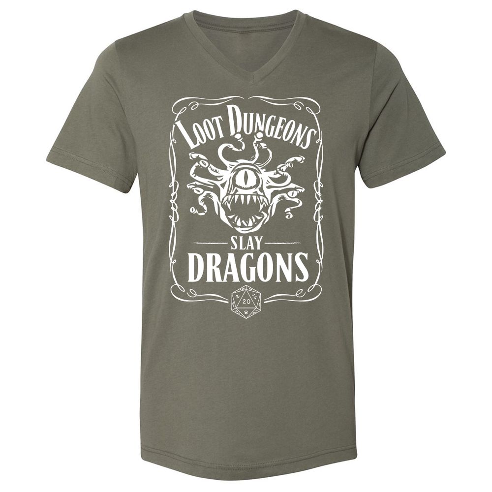 Loot Dungeon Slay Dragons Unisex V-Neck T-Shirt - Military Green - 10