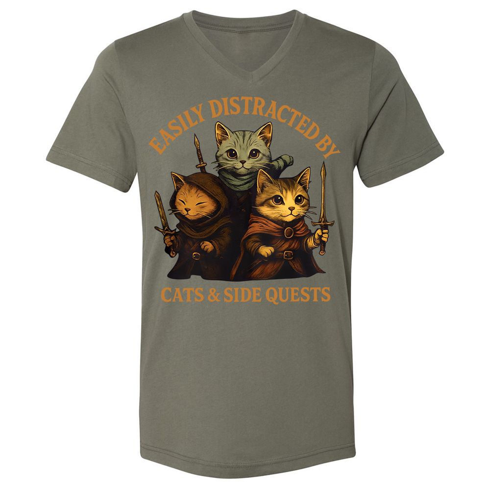 Easily Distracted By Cats & Side Quests Unisex V-Neck T-Shirt - Military Green - 10