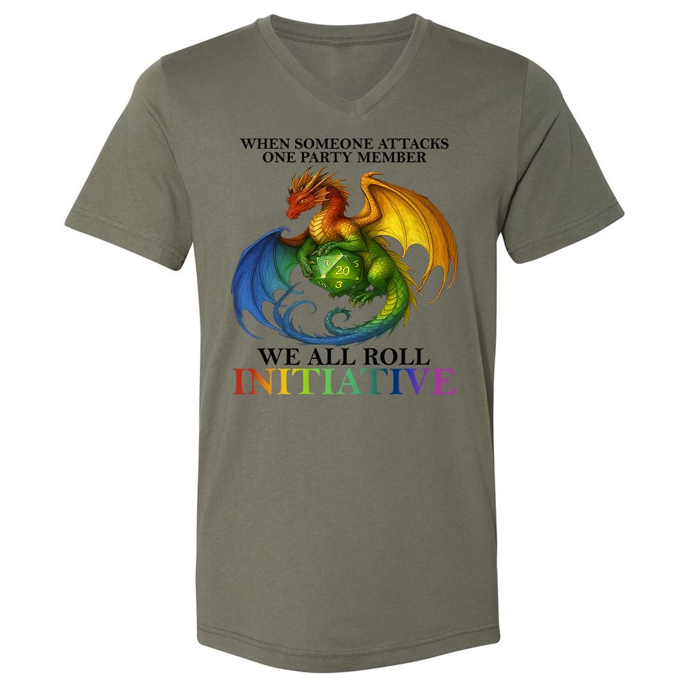 Dragon We All Roll For Initiative Unisex V-Neck T-Shirt - Military Green - 10