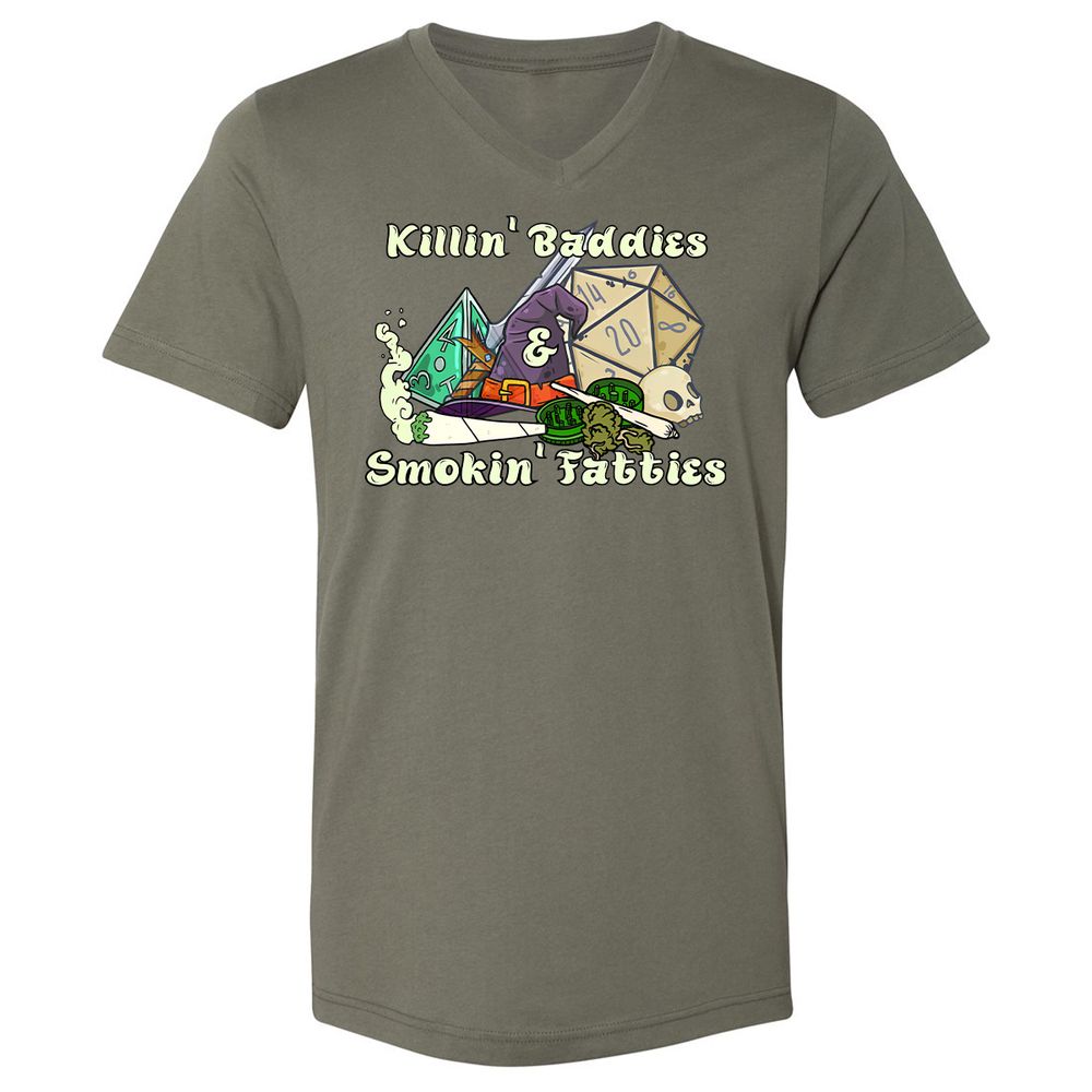 Killin' Baddies Smokin' Fatties Unisex V-Neck T-Shirt - Military Green - 10