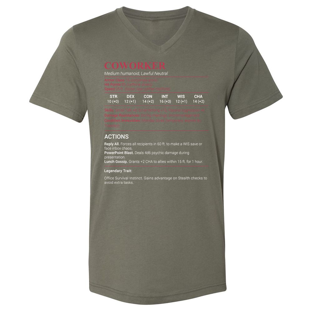 Coworker Stats Unisex V-Neck T-Shirt - Military Green - 10