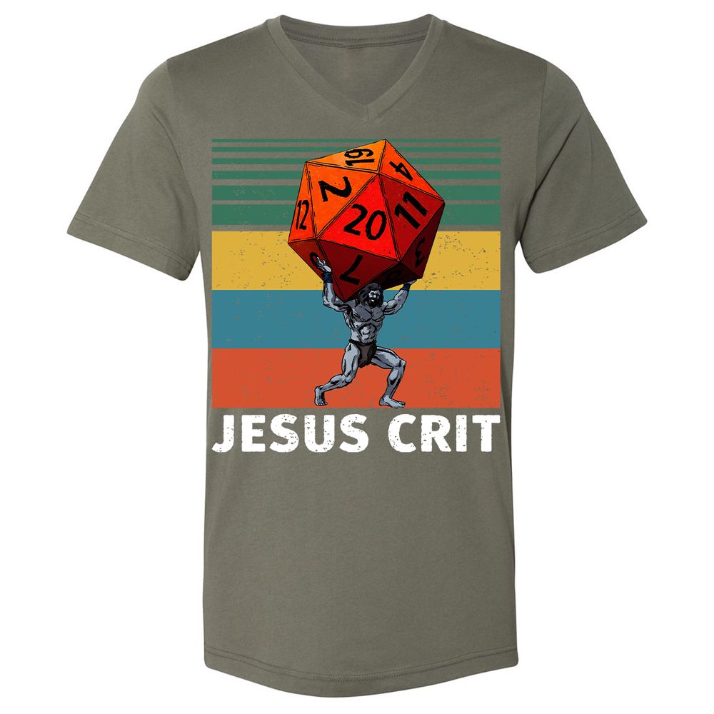Jesus Crit Unisex V-Neck T-Shirt - Military Green - 10