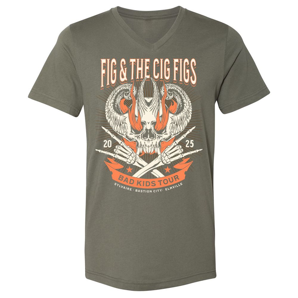 Fig and the Cig Figs, Dimension 20 Unisex V-Neck T-Shirt - Military Green - 10