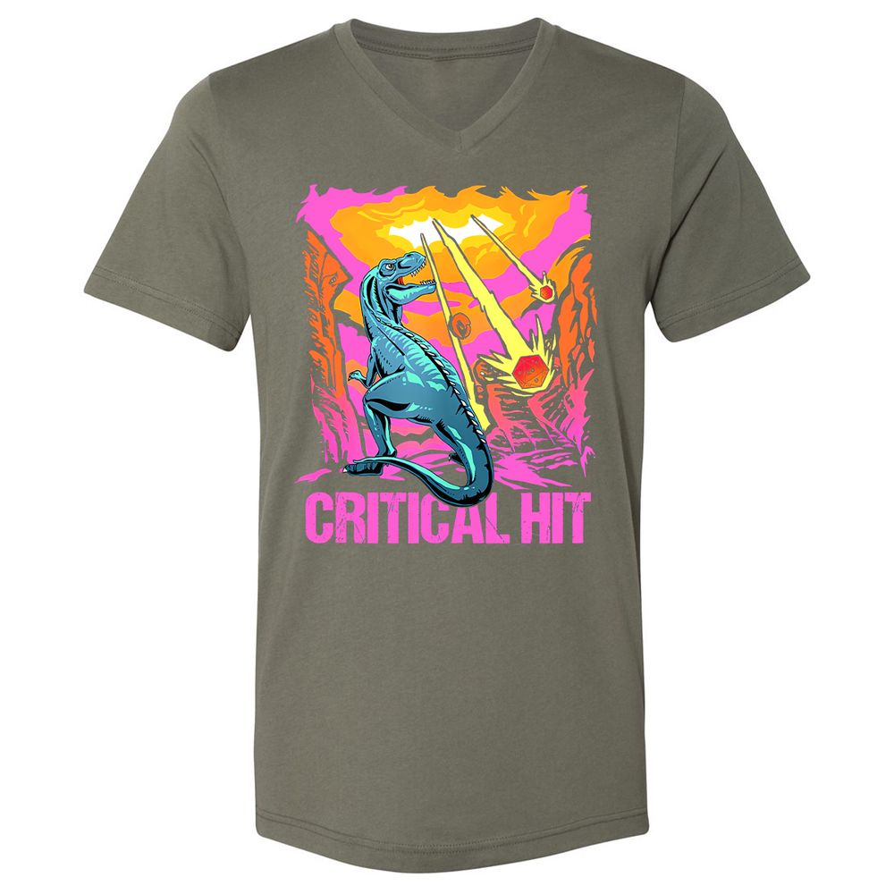 Dinosaur Critical Hit Unisex V-Neck T-Shirt - Military Green - 10
