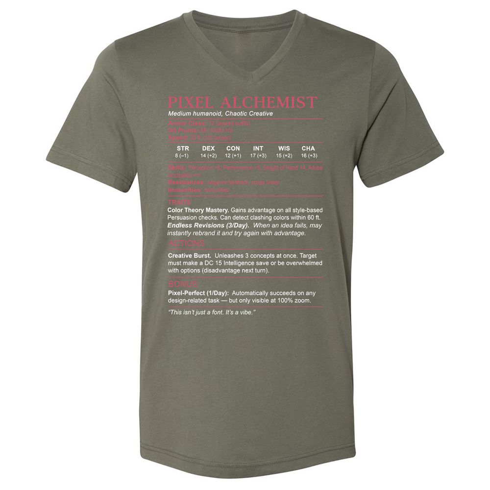 Designer Stats (Pixel Alchemist) Unisex V-Neck T-Shirt - Military Green - 10