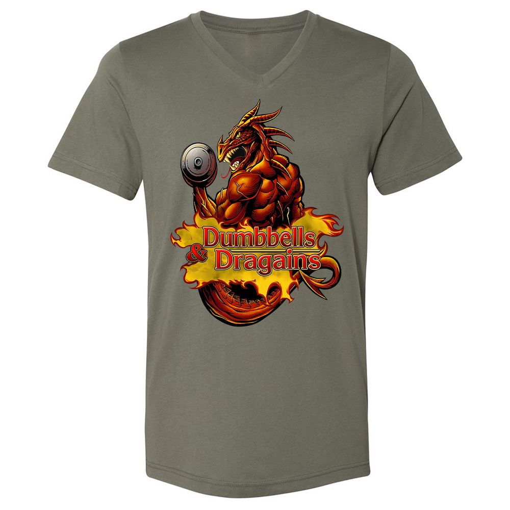 Dumbbells & Dragains Unisex V-Neck T-Shirt - Military Green - 10