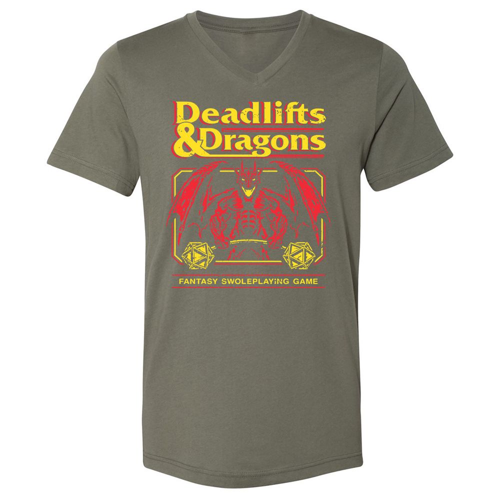 Deadlifts And Dragons Unisex V-Neck T-Shirt - Military Green - 10