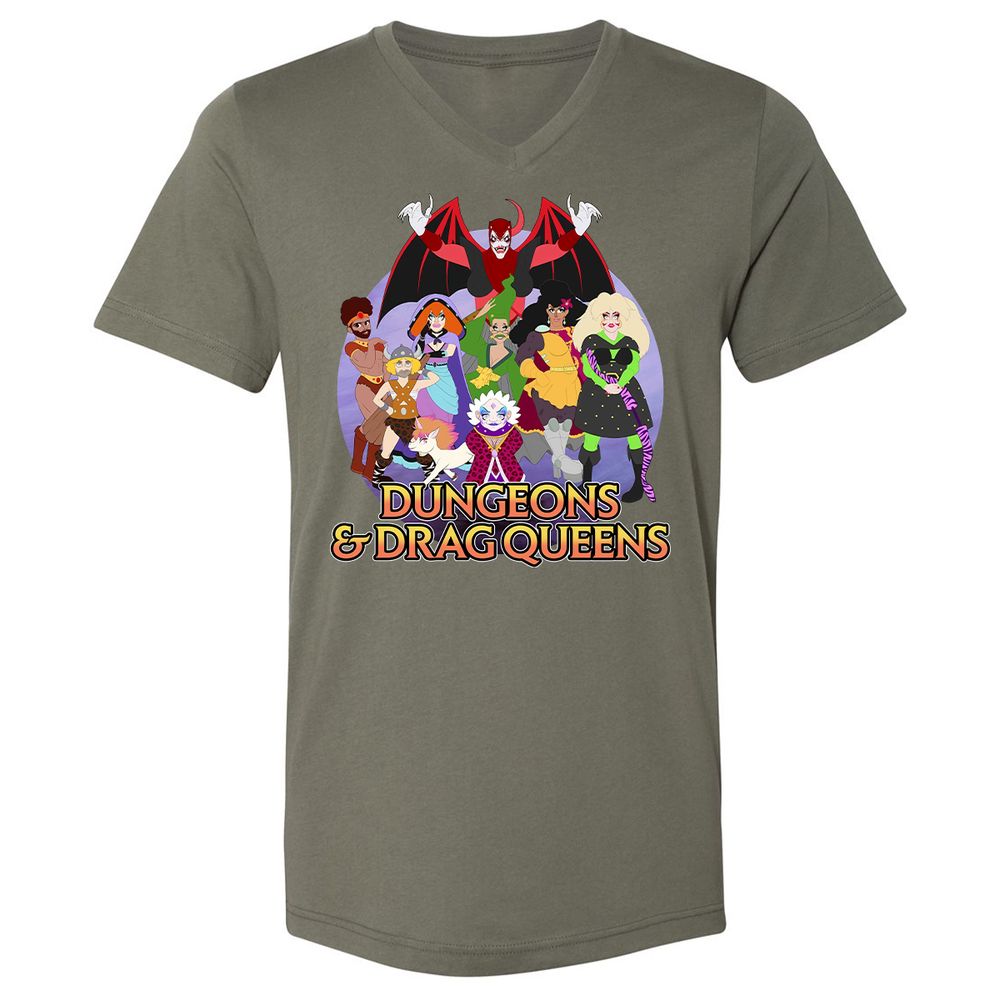 Dungeons n Drag Queens Cartoon Unisex V-Neck T-Shirt - Military Green - 10