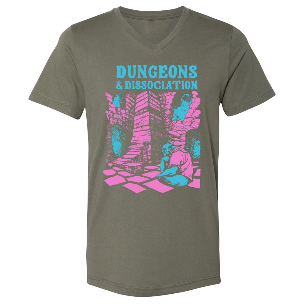 Dungeons And Dissociation Unisex V-Neck T-Shirt - Military Green - 10