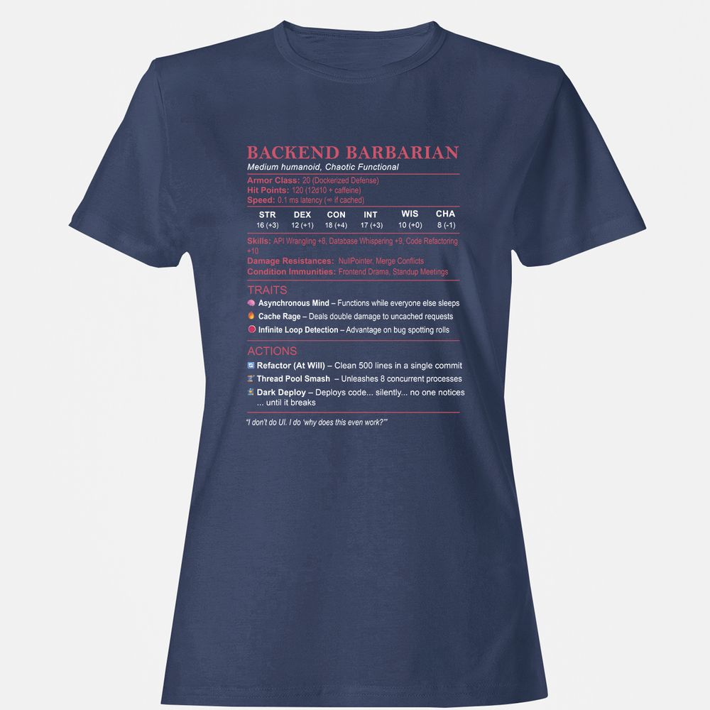 Backend Barbarian Stats Women's T-Shirt - Navy - 10