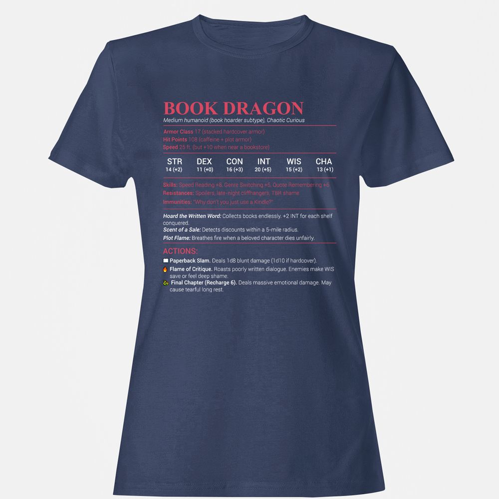 Book Dragon Stats Women's T-Shirt - Navy - 10