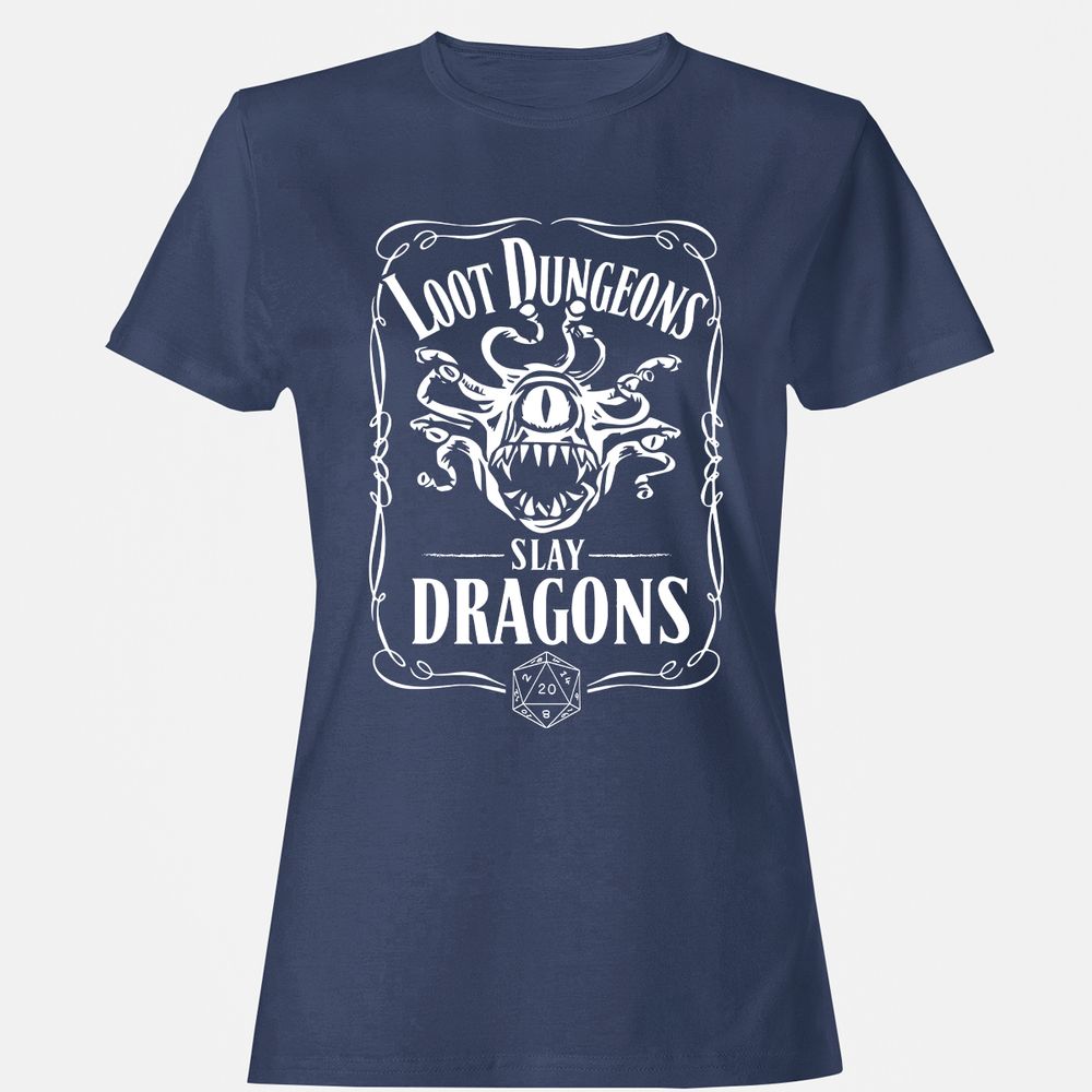 Loot Dungeon Slay Dragons Women's T-Shirt - Navy - 10