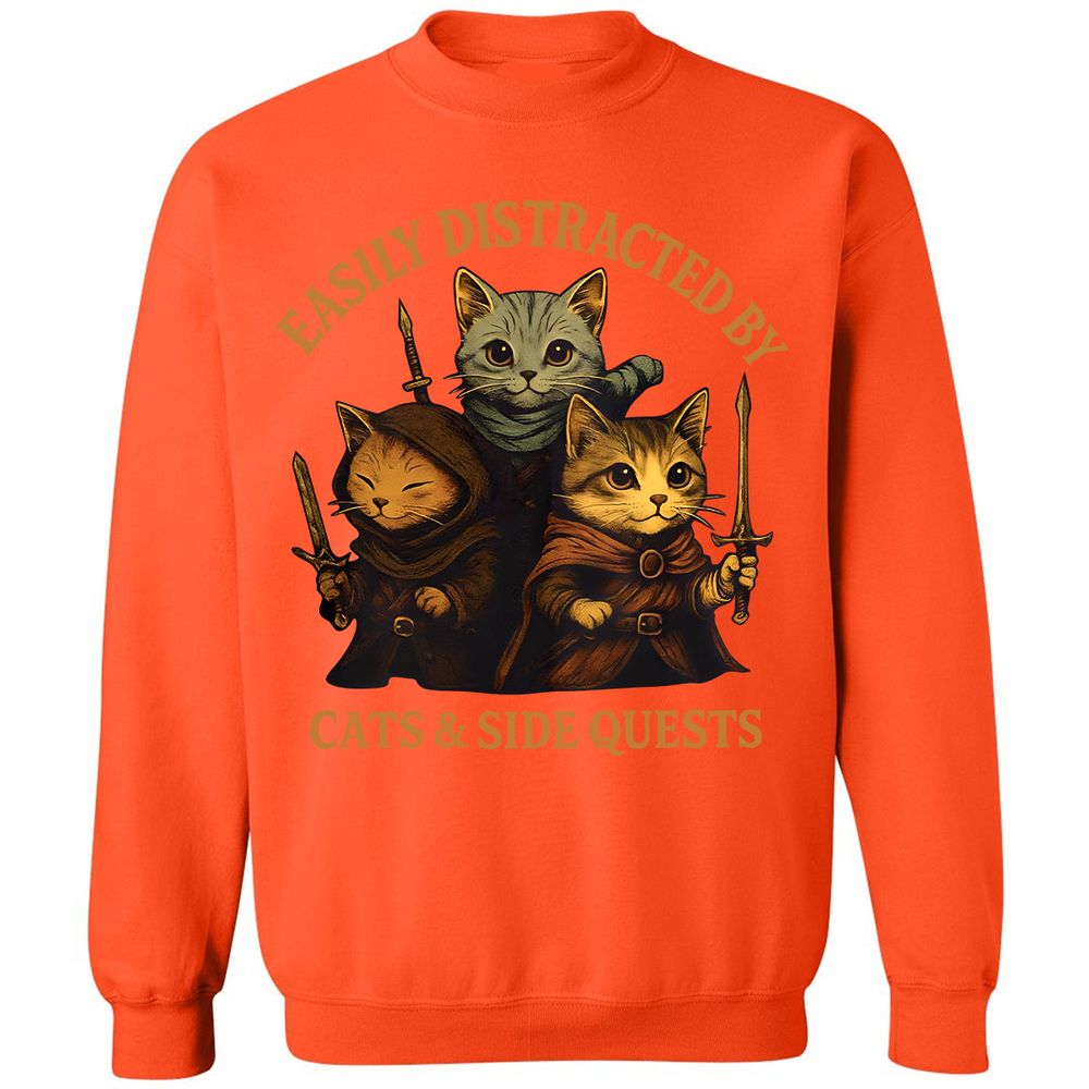 Easily Distracted By Cats & Side Quests Classic Unisex Sweatshirt - Orange - 10