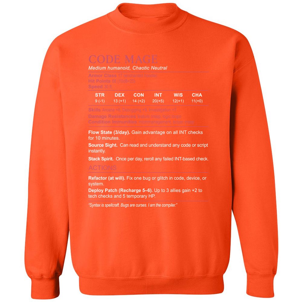 Code Mage Stats Classic Unisex Sweatshirt - Orange - 10