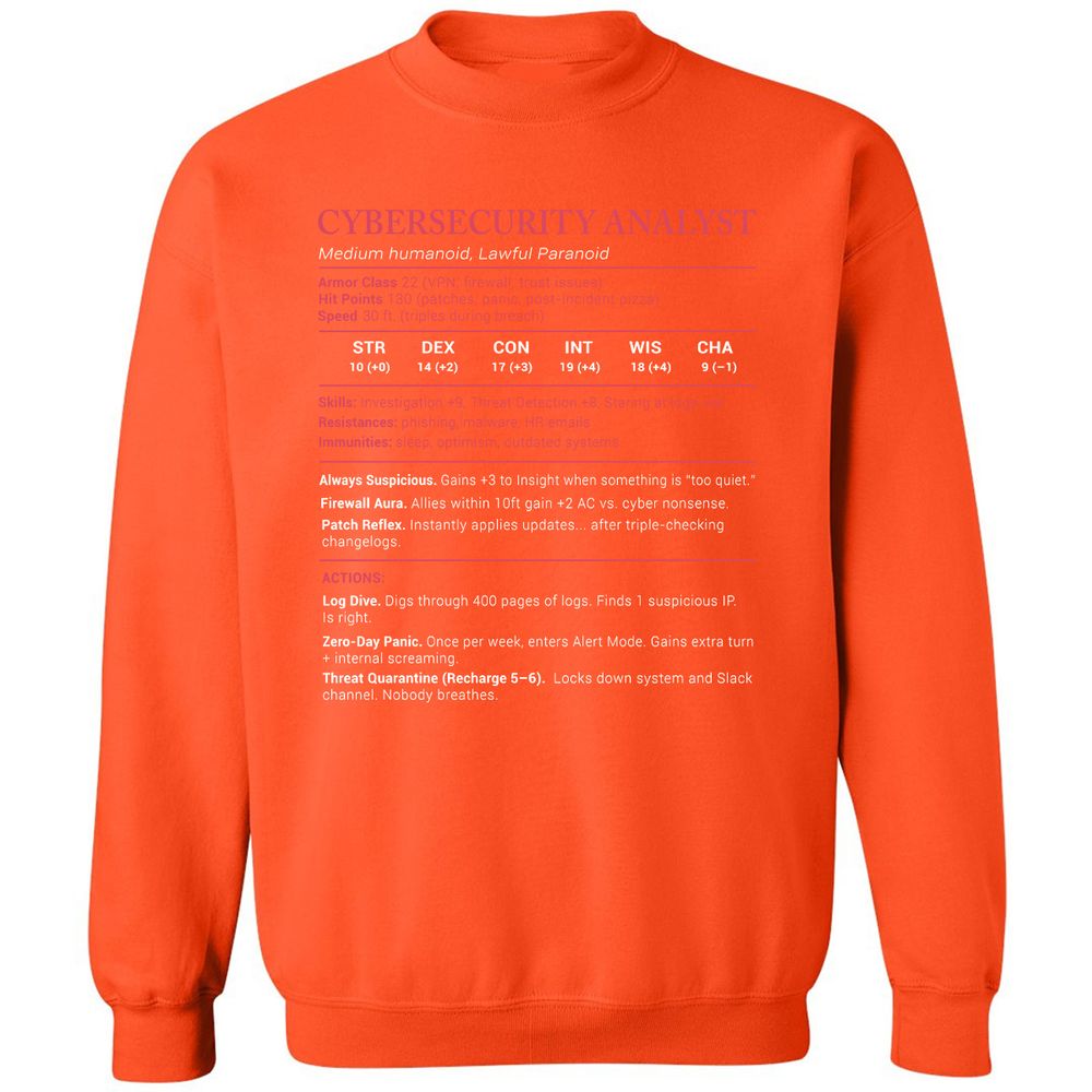 Cybersecurity Analyst Stats Classic Unisex Sweatshirt - Orange - 10