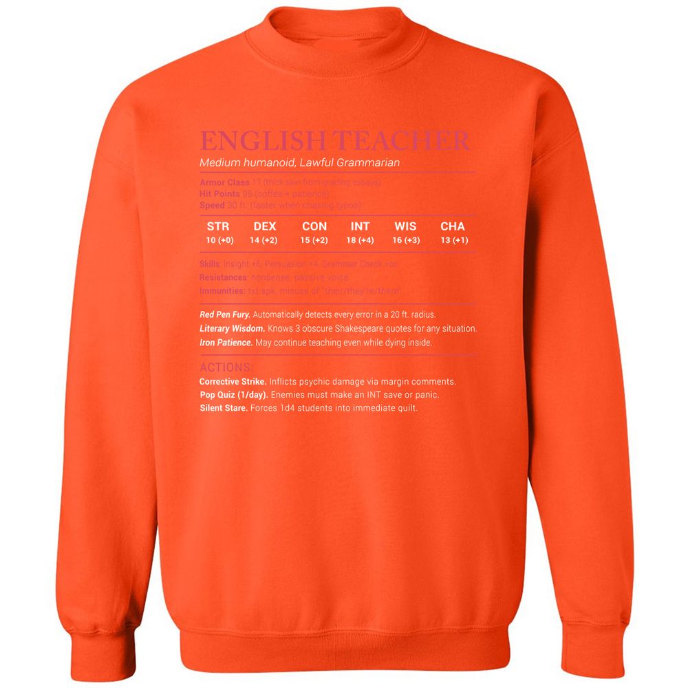 English Teacher Stats Classic Unisex Sweatshirt - Orange - 10
