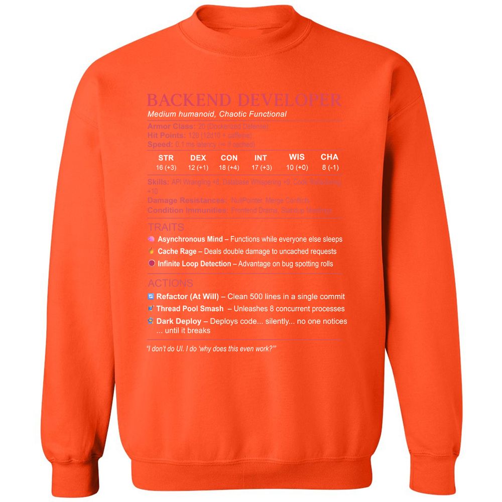 Backend Developer Stats Classic Unisex Sweatshirt - Orange - 10