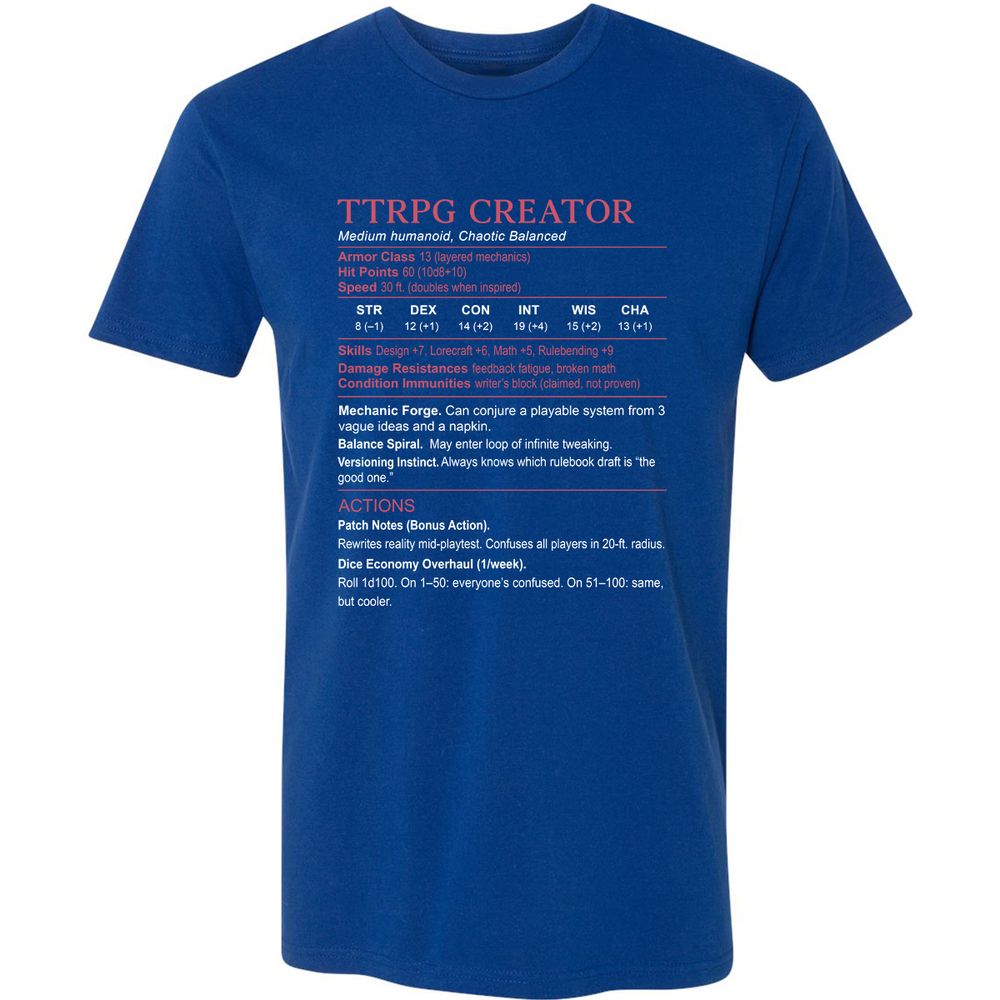 TTRPG Creator Stats Premium Unisex T-Shirt - Royal - 10