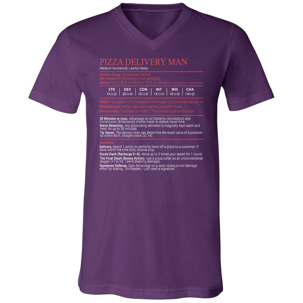Pizza Delivery Man Stats Block Unisex V-Neck T-Shirt - Team Purple - 10