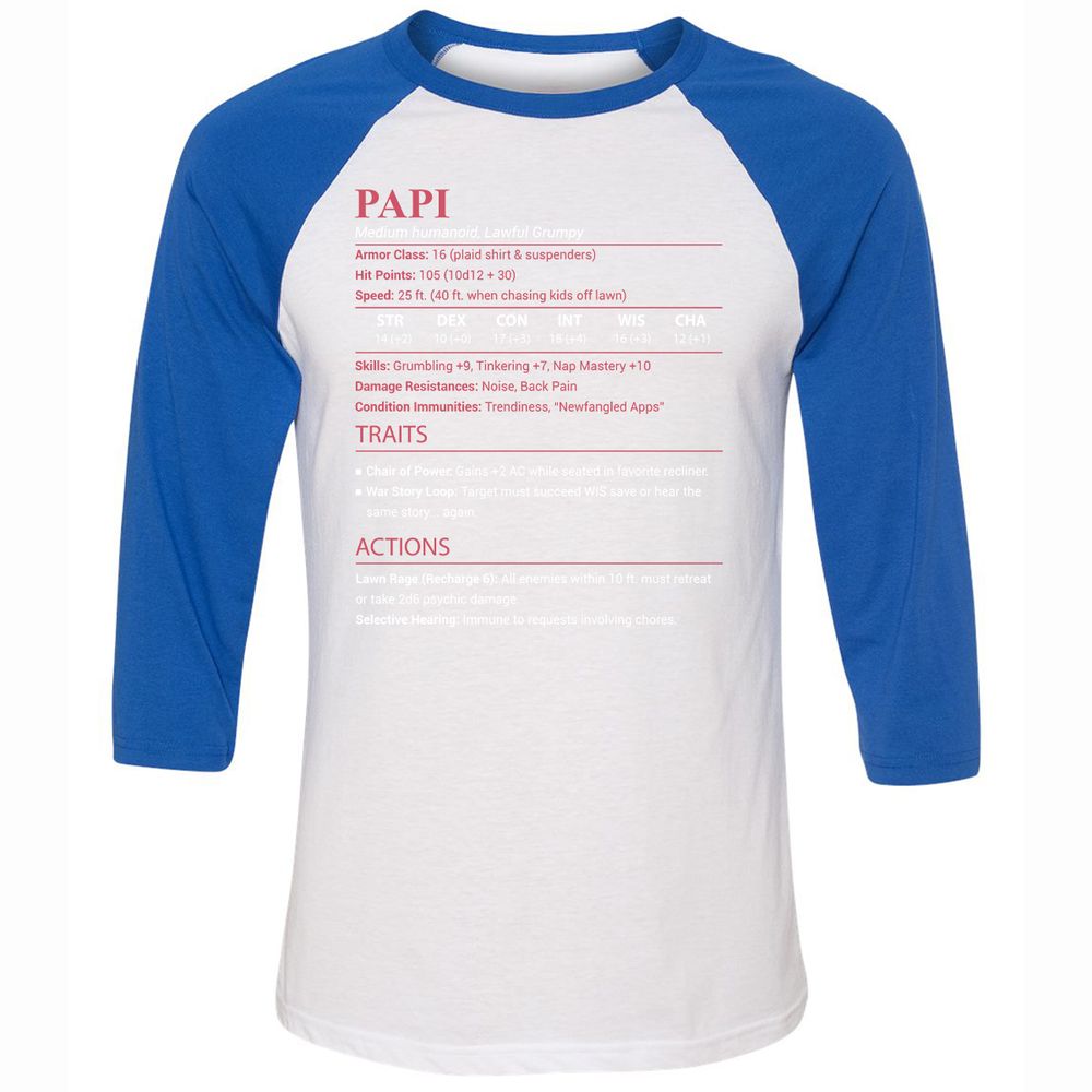 Papi Stats Unisex 3/4 Baseball Tee - White/True Royal - 10