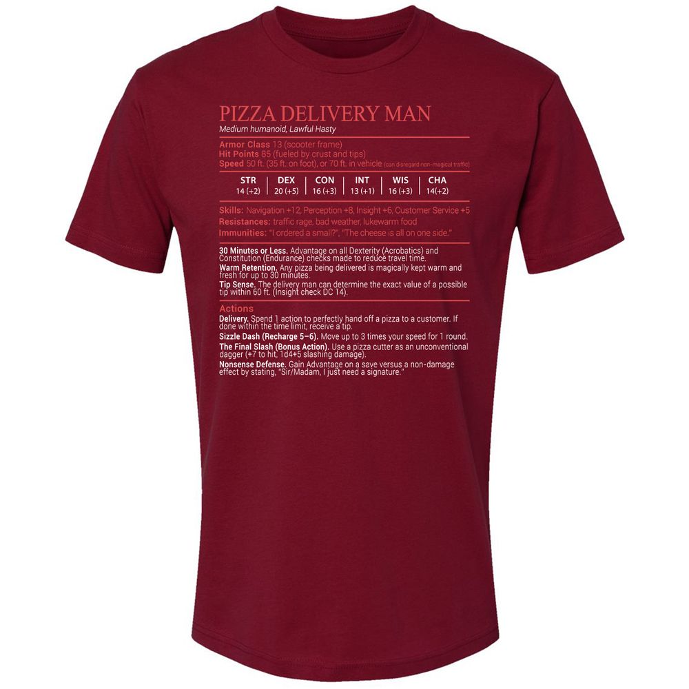 Pizza Delivery Man Stats Block Premium Unisex T-Shirt - Cardinal - 11