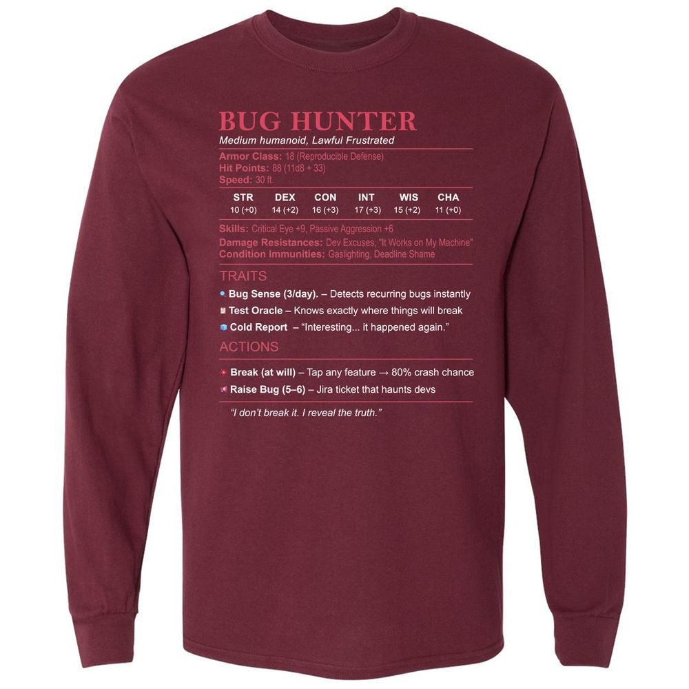 Tester Stats (Bug Hunter) Long Sleeve T-Shirt - Maroon - 11