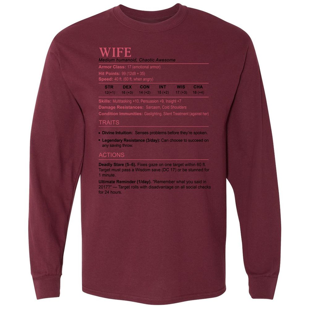 Wife Stats 2 Long Sleeve T-Shirt - Maroon - 11