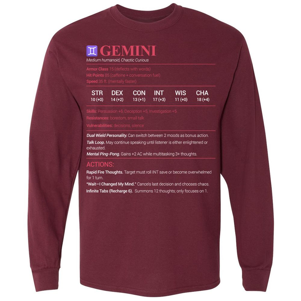 Gemini Stats Long Sleeve T-Shirt - Maroon - 11